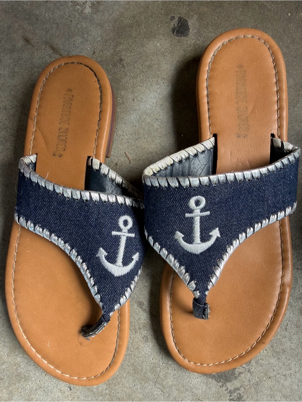 Navy Anchor Embroidered Thong Sandals - Women